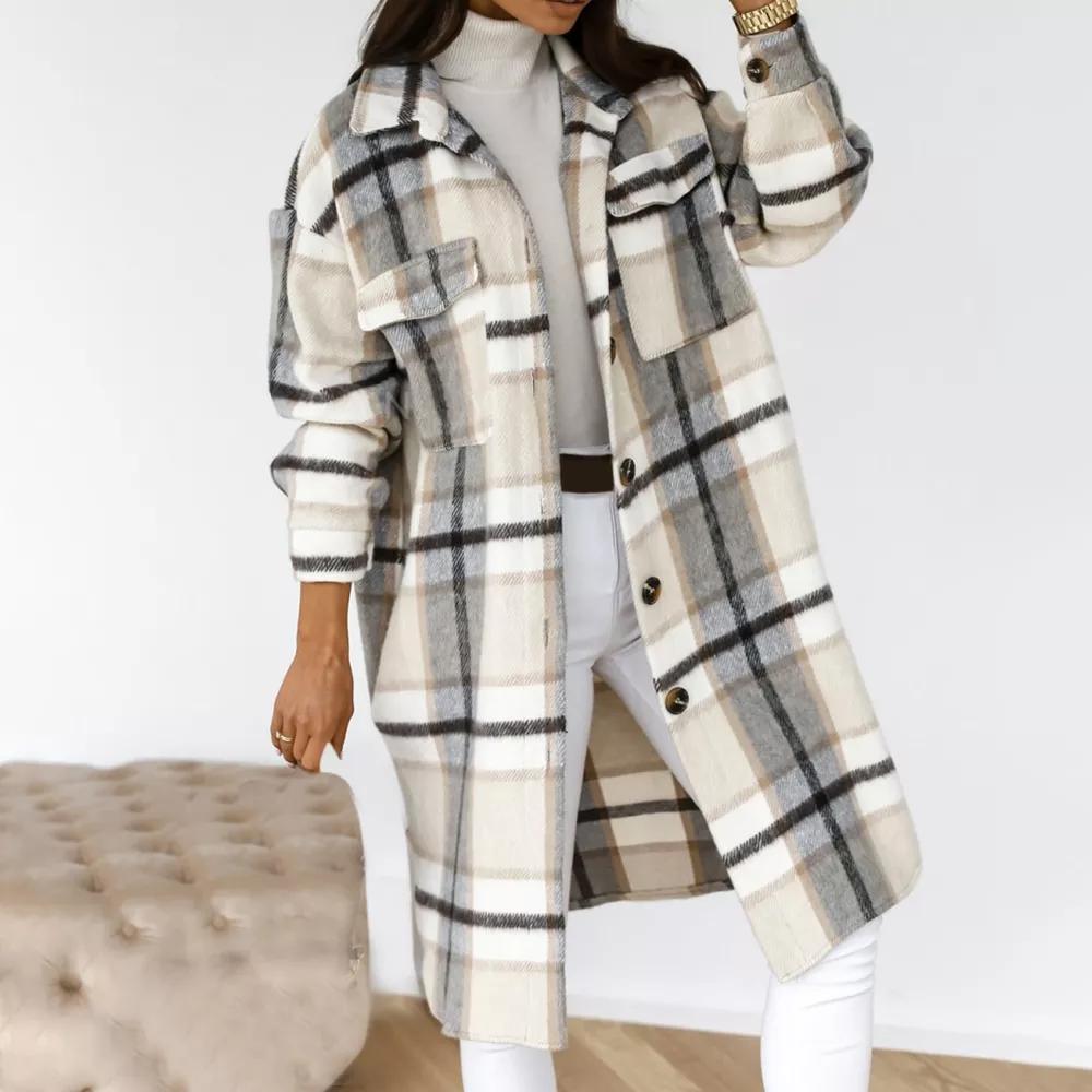 Spring New Plaid Long Blouses Coat Women Casual Vintage Shirt Jacket Female Woolen Blends Printed Overcoat