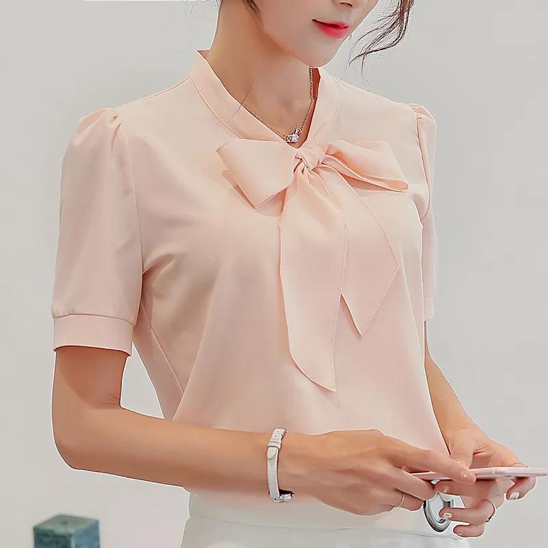 Women Summer Women Tops Short Sleeve Casual Chiffon Blouse Female Work Wear Solid Pink Office Shirts