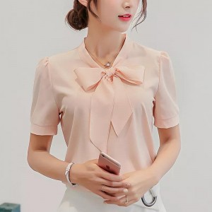 Women Summer Women Tops Short Sleeve Casual Chiffon Blouse Female Work Wear Solid Pink Office Shirts